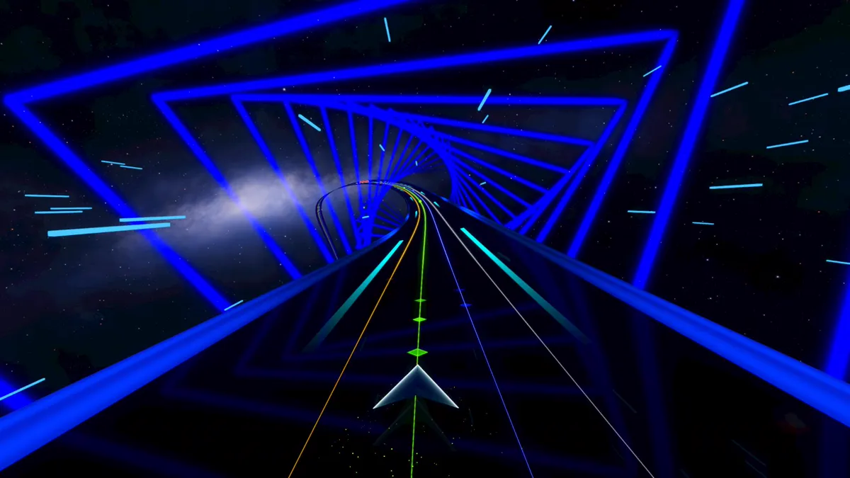 The Soundway ship rides into a spiral tunnel of cyan frames.