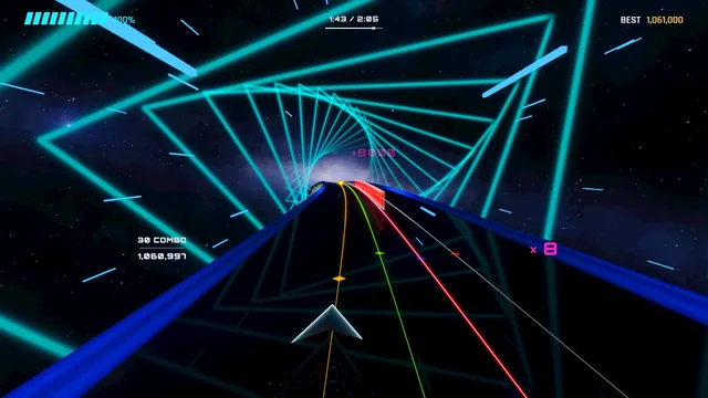 A cyan spiral tunnel closes around the track in the song Dark Matter.