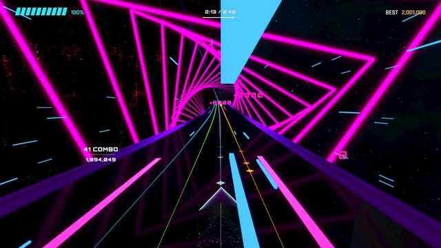 A magenta spiral tunnel in the song Orbital Velocity.