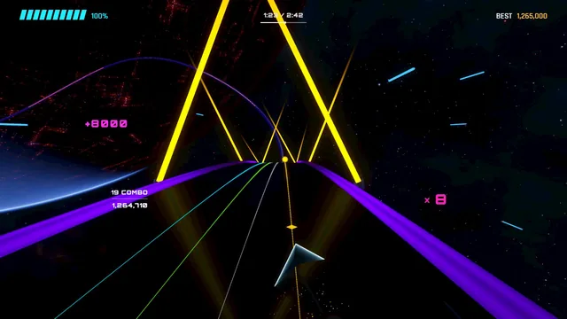 Yellow light beams rise from the track beside a blue planet.