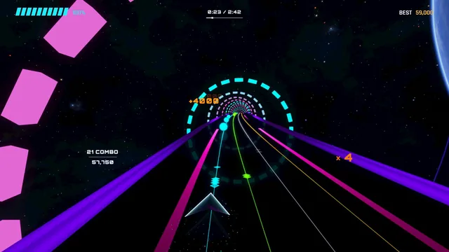 Dashed cyan rings and pink blocks along a purple road.