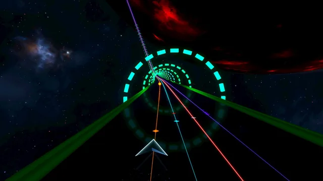 Green dashed rings lead toward a red nebula.