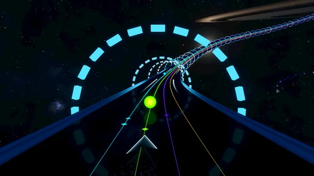 The road curves through blue dashed rings in the song Hypergate.