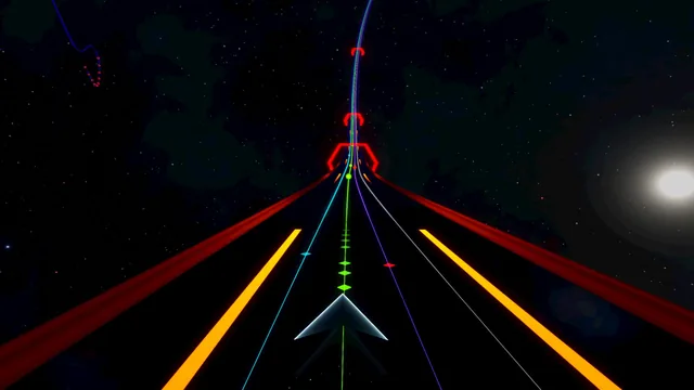 A red and orange road in the song Retrograde, with a bright star on the horizon.