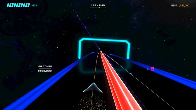 A cyan gate and a red hazard beam in the song Signal Storm.