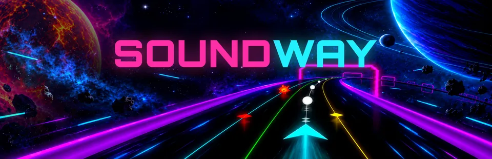 Soundway key art with the logo: a neon track through space between two planets.