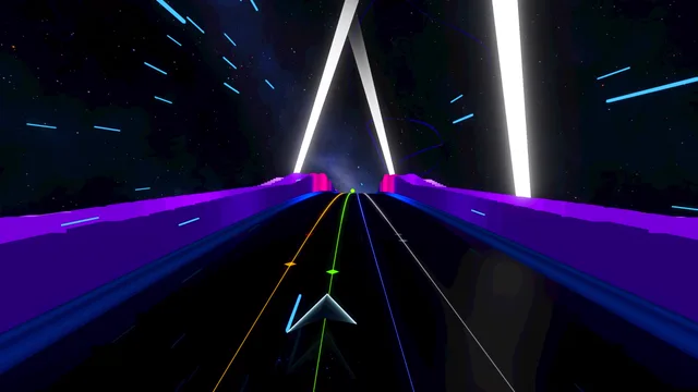 Still from the GIF: the beat drops and the road dives between pink walls.